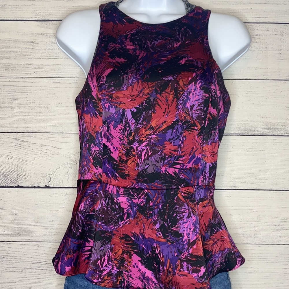 Express tropical leaf purple / red / pink peplum fitted top